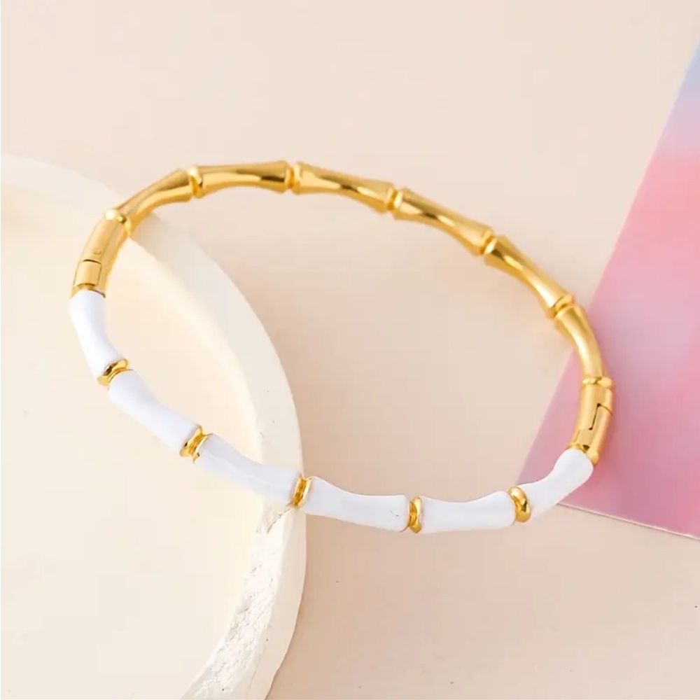 Gold and White Bamboo-Link Bracelet